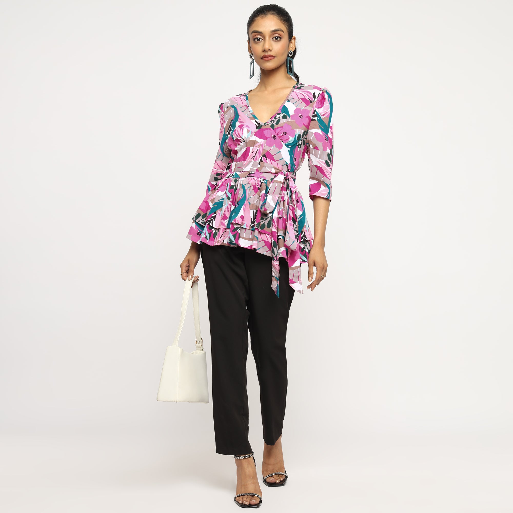 Pink Multicolor Floral Peplum Wrap Top